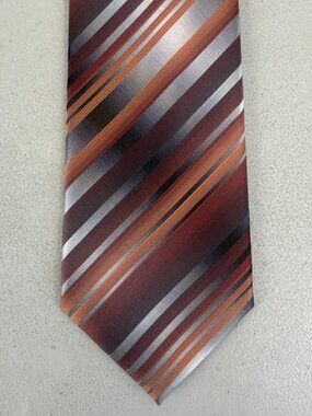Vintage Striped Silk Tie 90s Diagonal Stripes Mens Necktie Orange/Silver/Black